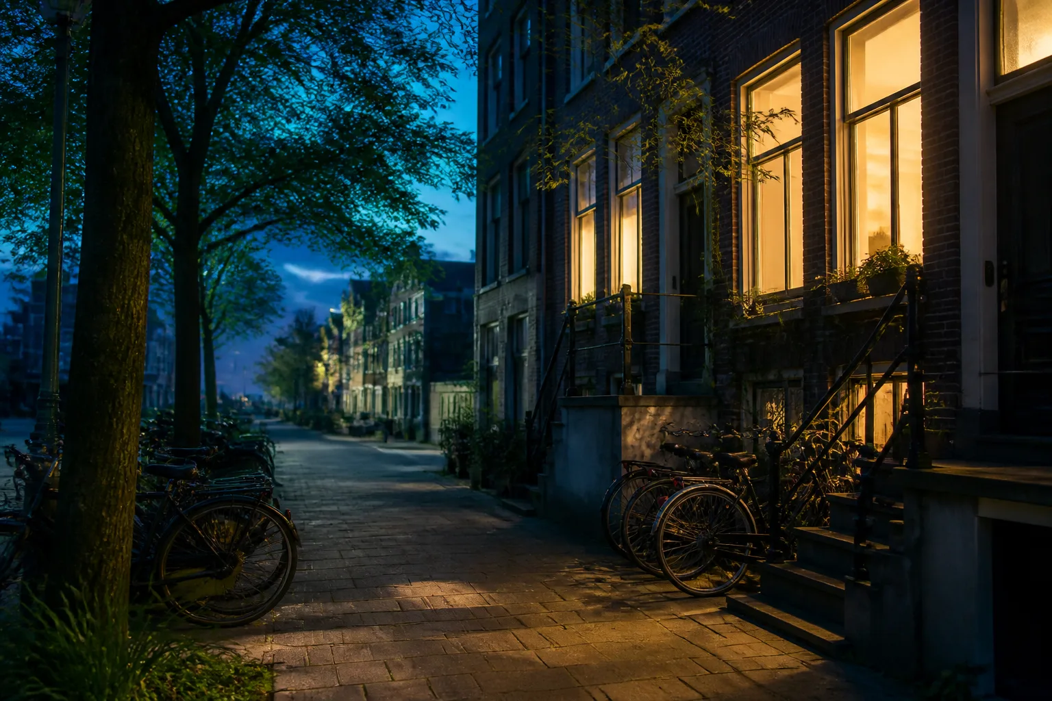 Residential street at blue hour with warm window lights, empty sidewalk, trees casting soft shadows across parked bicycles, 1200x800