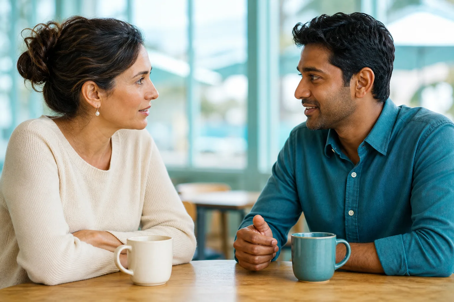 Two people reviewing printed stay checklists at a cafe table, open notebooks, marked housing floor plans, muted daylight through large windows, 1200x800