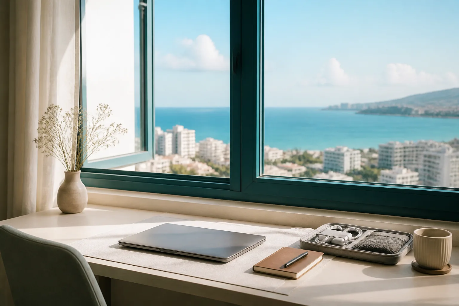 Compact work desk beside a bright apartment window, laptop closed on a linen mat, notebook and cable organizer ready for a focused morning, 1200x800