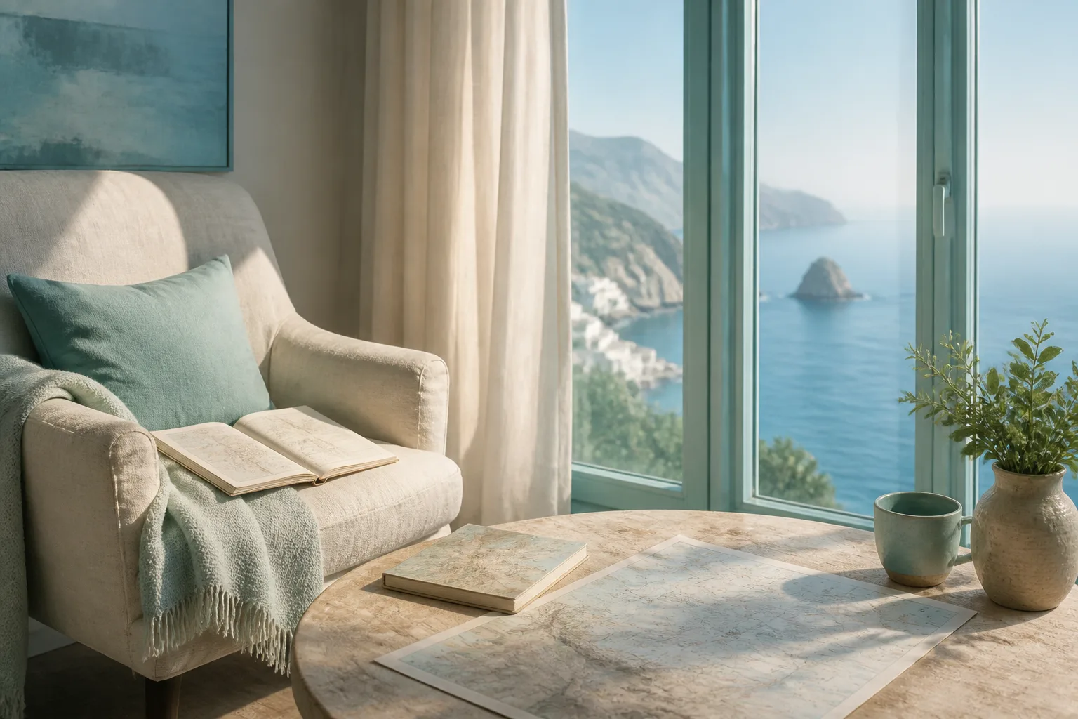 Quiet reading nook beside a tall window, open travel notebook on a linen chair, soft morning light across a low table with marked maps, 1920x1080