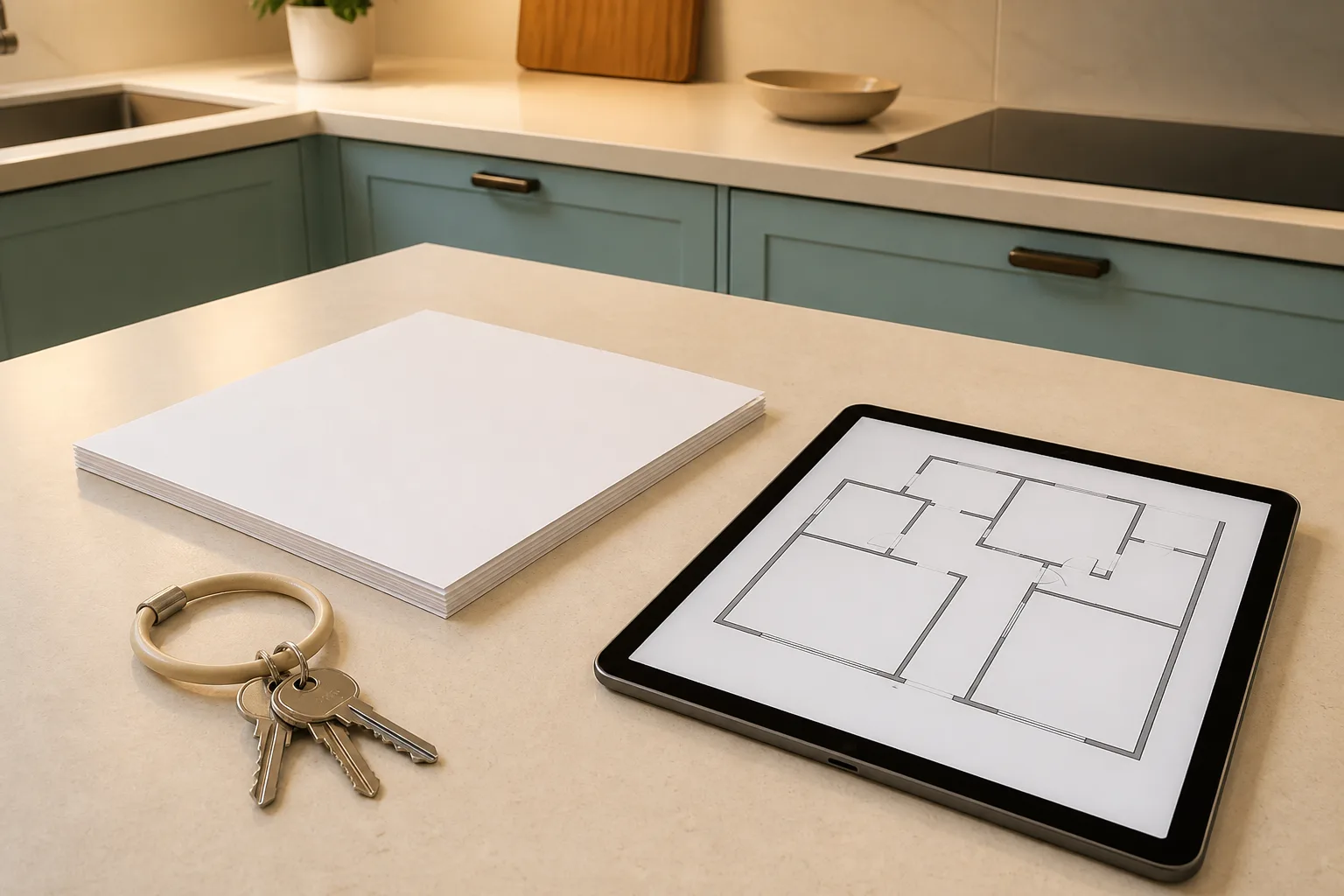Kitchen counter with rental checklist paperwork, keys, and a tablet showing a floor plan, warm overhead light in a compact apartment kitchen, 1200x800