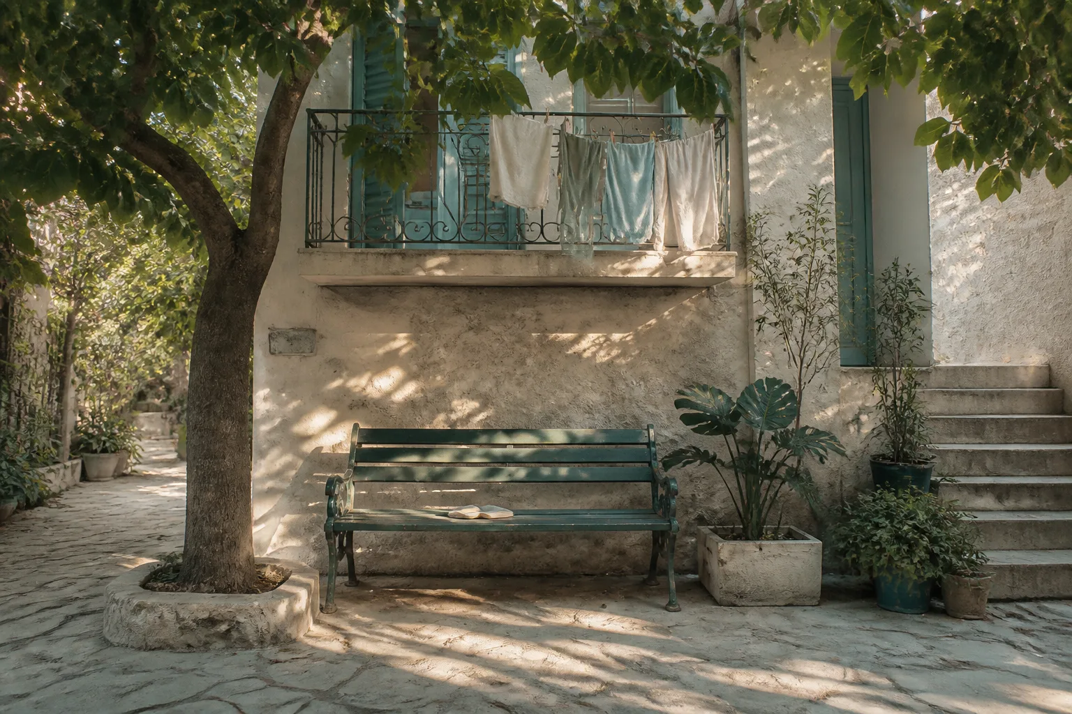 Empty courtyard bench under dappled shade, laundry balcony above, quiet afternoon stillness with a half-read book left on the seat, 1200x800