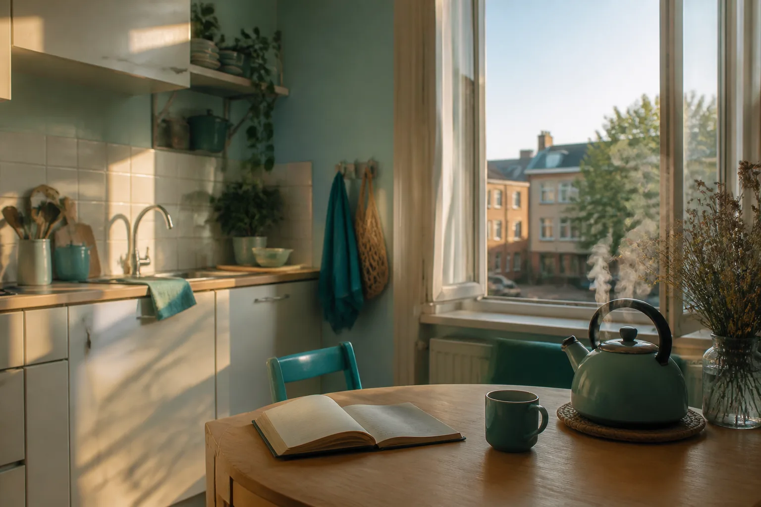 Compact apartment kitchen in soft afternoon light, open notebook on a wooden table, kettle steaming beside a window overlooking a quiet residential street, 1920x1080