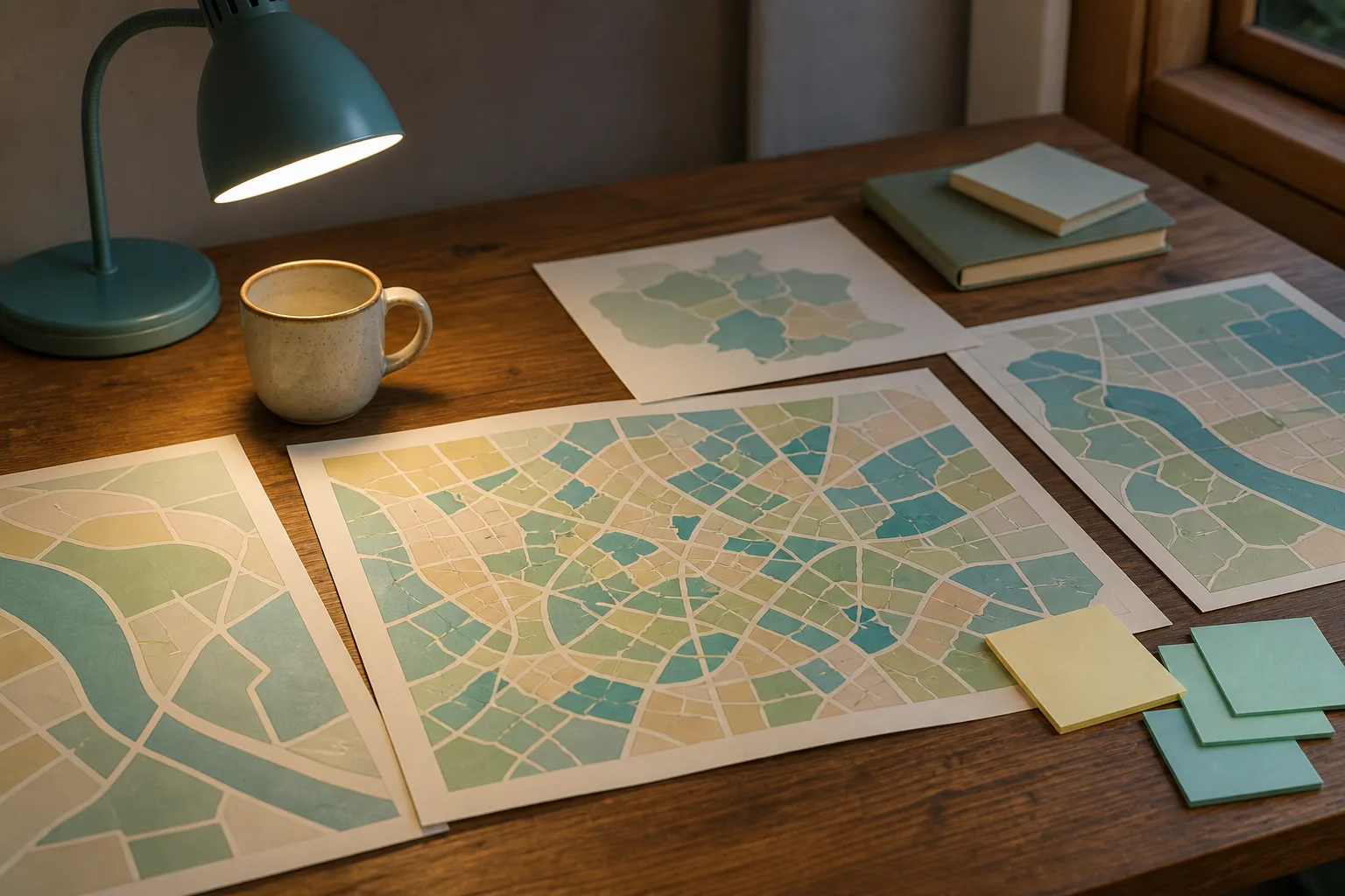 Wooden desk with printed neighborhood maps, annotated sticky notes, ceramic mug, and soft desk lamp illuminating handwritten stay checklists, 1200x800